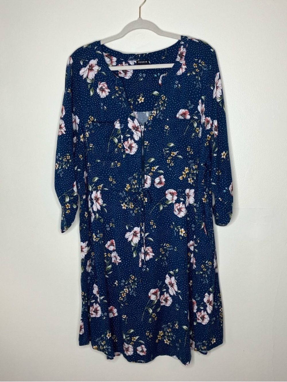 Torrid blue pin dot floral drawstring shirt dress 4X